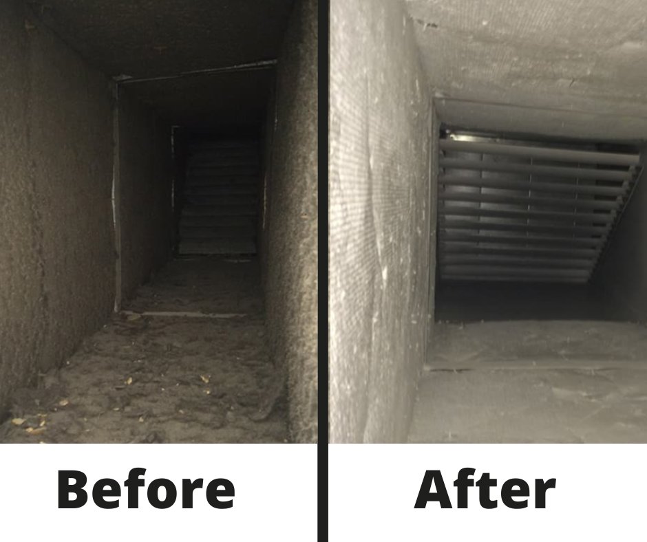 Before and after comparison showing a dirty air duct and a clean air duct by Aspen Air Duct Cleaning in Methuen, MA.