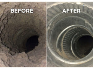 Before and after view of a dirty air duct cleaned by Delta Clean Air in Boston, MA