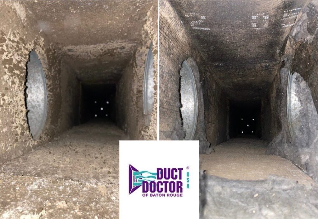 Before and after comparison of air ducts, demonstrating the effective cleaning services by Duct Doctor of Baton Rouge, LA.