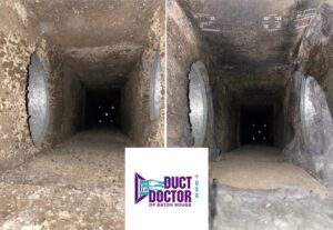 Before and after comparison of air ducts, demonstrating the effective cleaning services by Duct Doctor of Baton Rouge, LA.