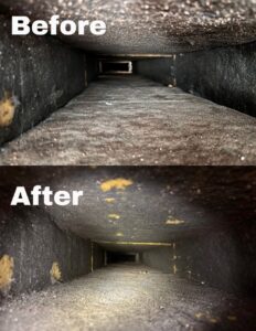 Before and after view of a residential air duct showing successful cleaning by ProTexAir HVAC Services in Houston, TX.