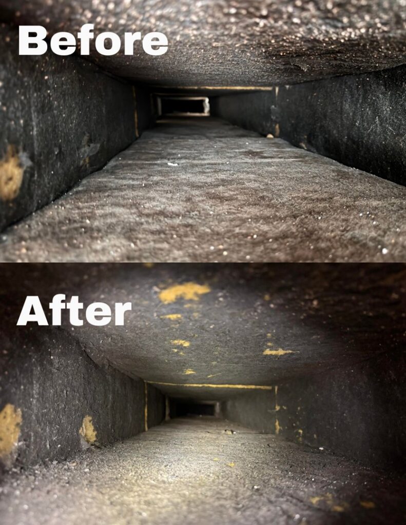Before and after view of a residential air duct showing successful cleaning by ProTexAir HVAC Services in Houston, TX.