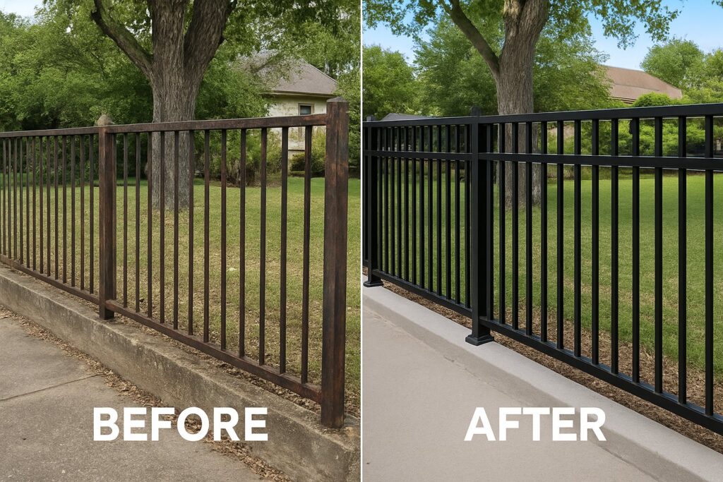Before and after comparison of an old fence replaced with a new black aluminum fence by ARE FENCE LLC in Miami, FL.