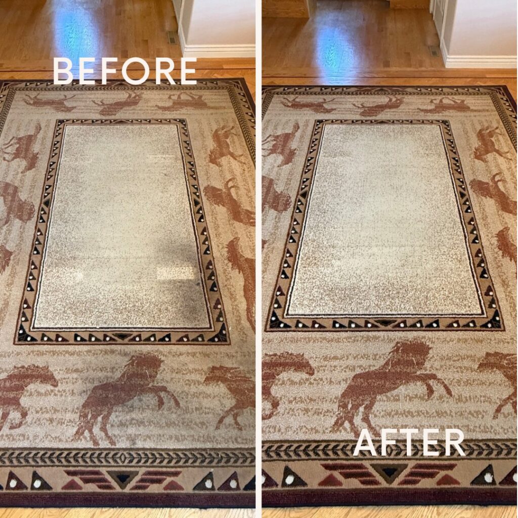 Before and after comparison of a patterned area rug cleaned by Champion Chem-Dry in Idaho Falls, ID.