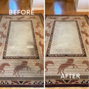 Before and after comparison of a patterned area rug cleaned by Champion Chem-Dry in Idaho Falls, ID.