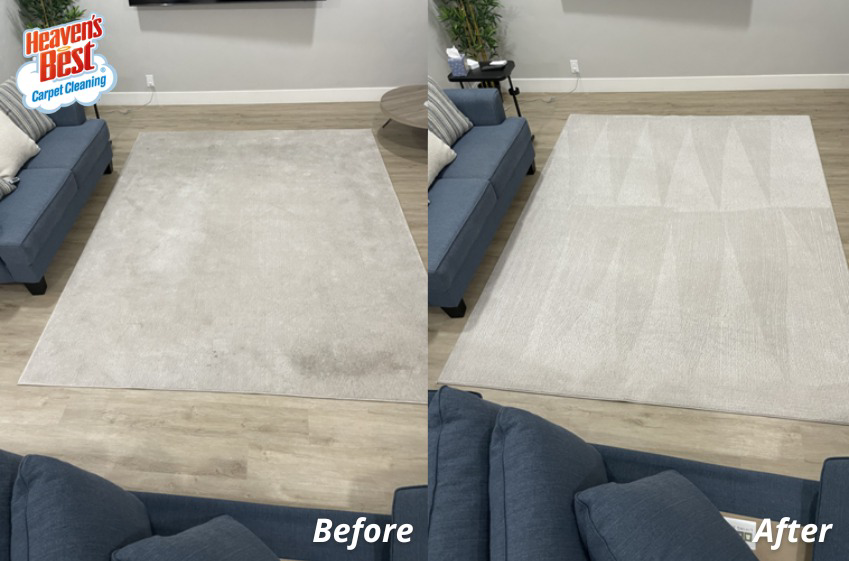 Before and after comparison of a professionally cleaned area rug by Heaven's Best Carpet Cleaning in Concord, NC.