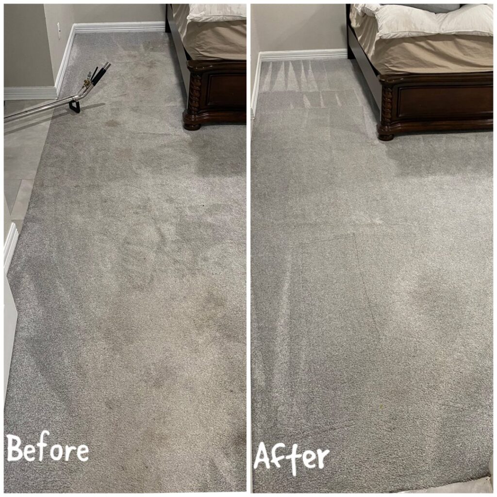 Before and after comparison of a bedroom carpet cleaning service by Carpet Kingz in Houston, TX