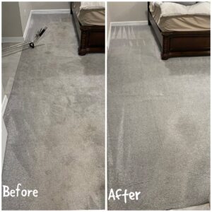 Before and after comparison of a bedroom carpet cleaning service by Carpet Kingz in Houston, TX