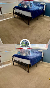 Before and after comparison of a bedroom carpet cleaned by GreenLine Carpet Cleaning in Aurora, CO.