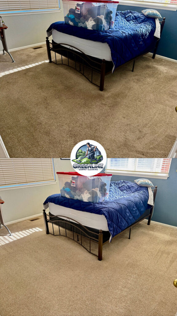 Before and after comparison of a bedroom carpet cleaned by GreenLine Carpet Cleaning in Aurora, CO.