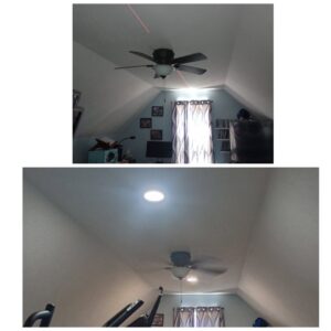 Before and after of bedroom recessed lighting installation around a ceiling fan by Elite Electrical TN in Jackson, TN.