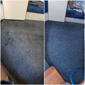 Before and after comparison of a blue carpet cleaned by Anderson Certified, INC. in Chicago, IL.