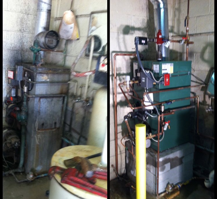 A before and after comparison of an old and new boiler system installation by R A Styron Heating & Air Conditioning, Inc. in Chesapeake, VA.