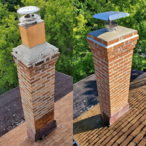 Before and after photos of a brick chimney showing repair and a new cap installed by Century Chimney Sweep and Repair in Cleveland, OH