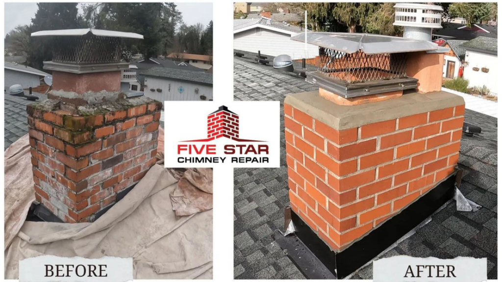 Before and after view of a brick chimney repair, showing significant improvement by Five Star Chimney Repair in Hillsboro, OR.