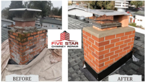 Before and after view of a brick chimney repair, showing significant improvement by Five Star Chimney Repair in Hillsboro, OR.