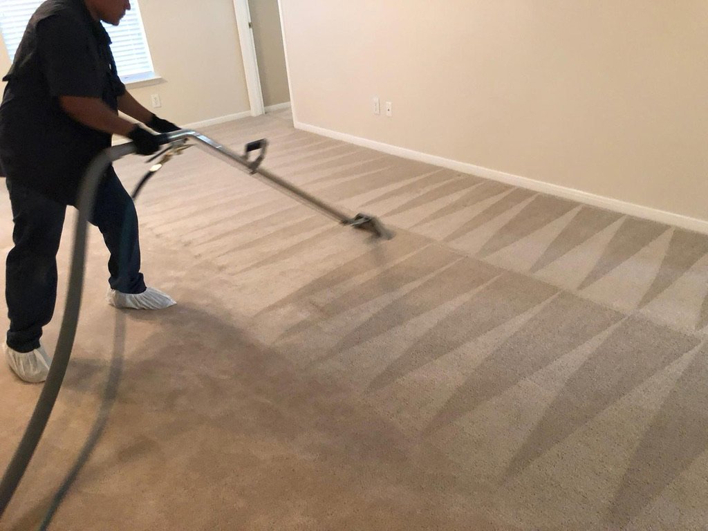 A carpet showing a clear before and after difference during a cleaning job by Aqualux Carpet Cleaning in Dallas, TX.