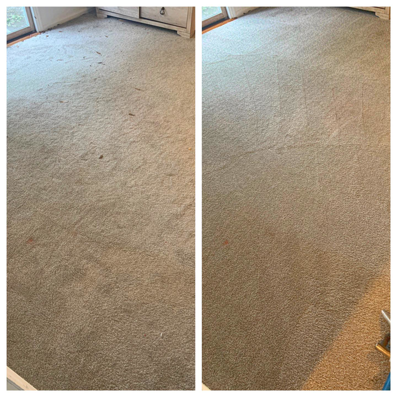 Before and after comparison of a professionally cleaned carpet in a bedroom by 843Steamers in Summerville, SC.