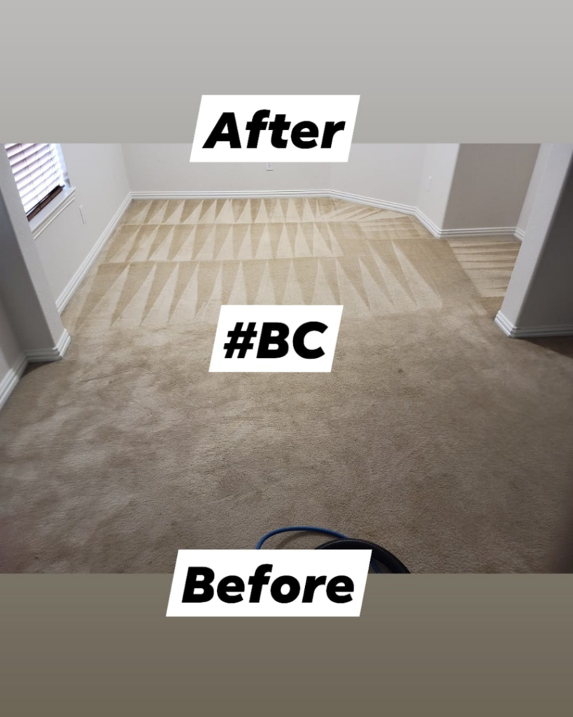 A before and after comparison of a carpet cleaning job by Best Carpet Cleaning in Dallas, TX, showing clean lines.