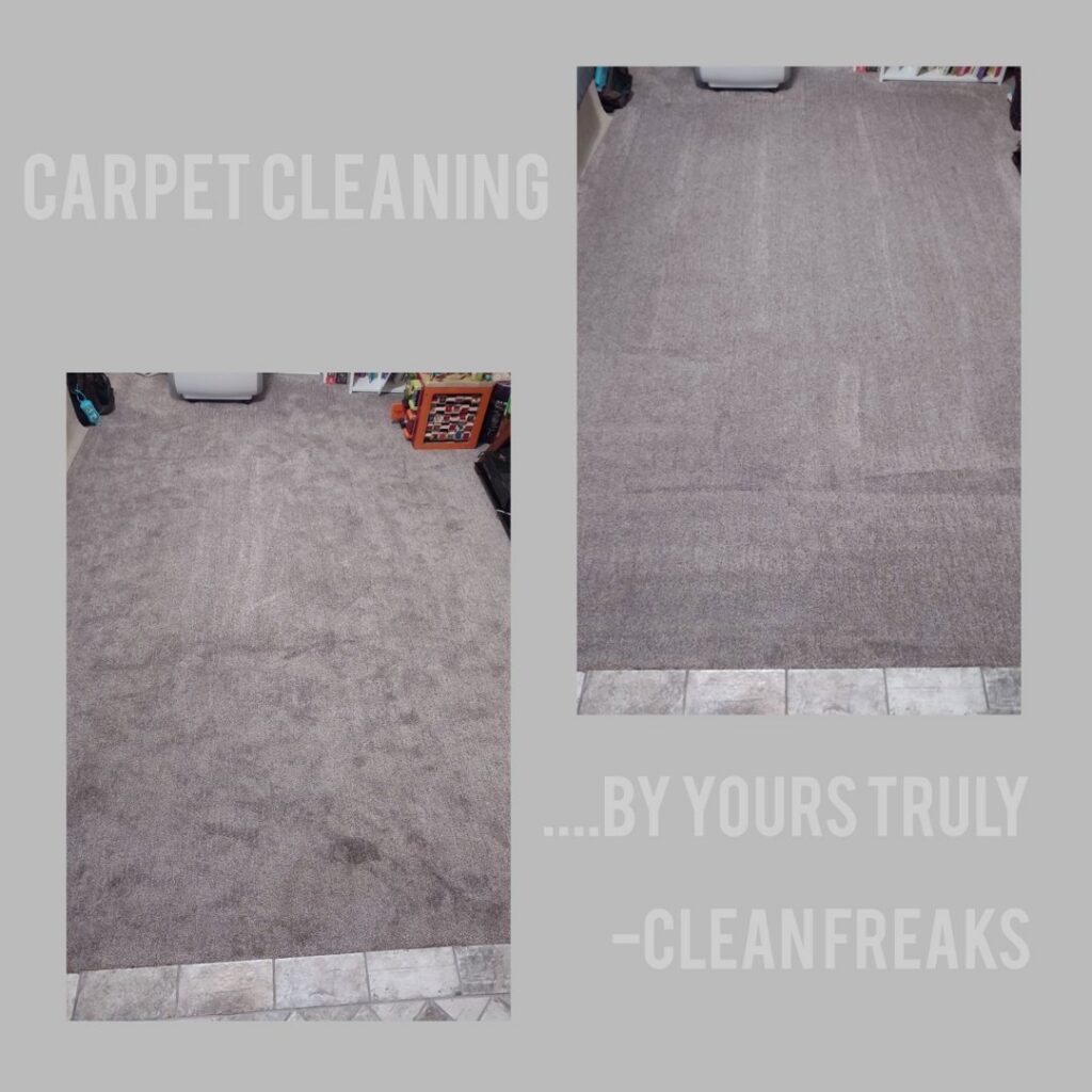 A before and after comparison showing a carpet professionally cleaned by Clean Freaks in Ogden, UT.