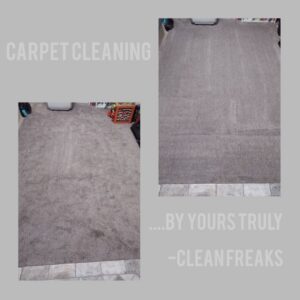 A before and after comparison showing a carpet professionally cleaned by Clean Freaks in Ogden, UT.