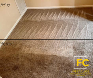 Close-up before and after view of a carpet professionally cleaned by First Class Cleaning Service in Jacksonville, FL