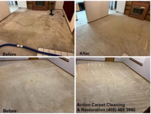 Before and after collage showing professional carpet cleaning results by Action Carpet Cleaning & Restoration in Norman, OK