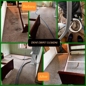 A before and after collage showcasing professional carpet cleaning results by SAENZ Carpet Cleaning in Dallas, TX.