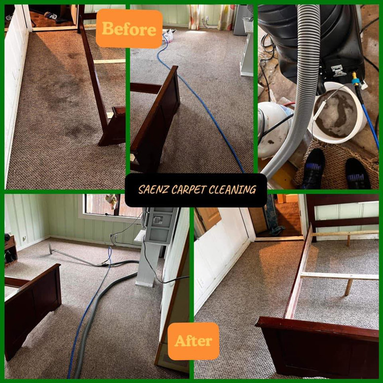 A before and after collage showcasing professional carpet cleaning results by SAENZ Carpet Cleaning in Dallas, TX.