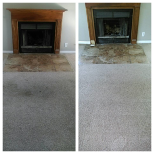 Before and after comparison of carpet cleaning near a fireplace by Sunrise Cleaning Services in Saint Petersburg, FL.