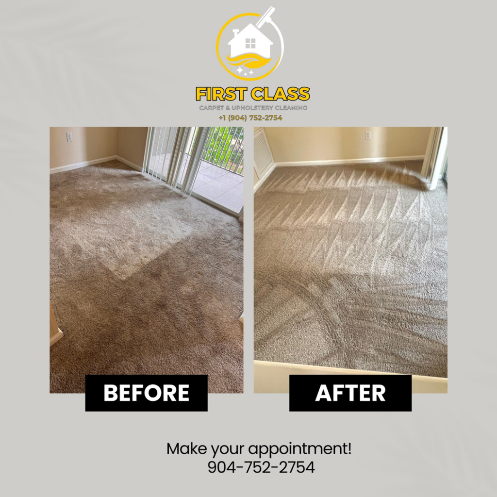 Before and after view of a room with professionally cleaned carpet by First Class Cleaning Service in Jacksonville, FL