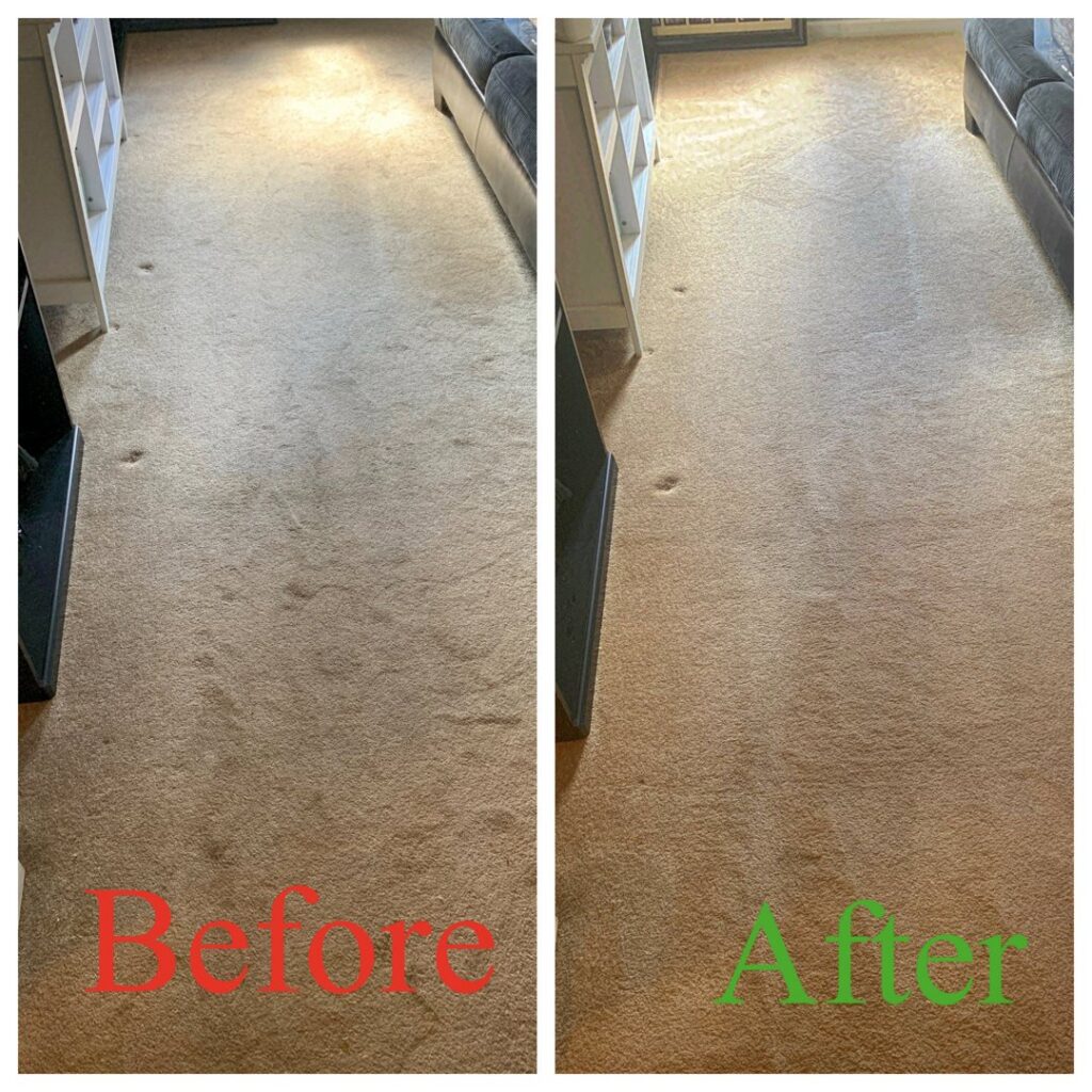 Before and after a professional carpet cleaning service in a hallway by 843Steamers in Summerville, SC.