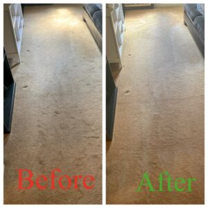 Before and after a professional carpet cleaning service in a hallway by 843Steamers in Summerville, SC.