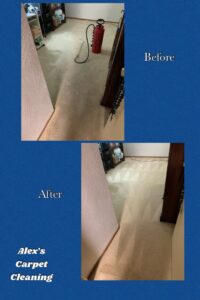 Before and after comparison of a carpeted hallway cleaned by Alex's Carpet Cleaning in Omaha, NE.