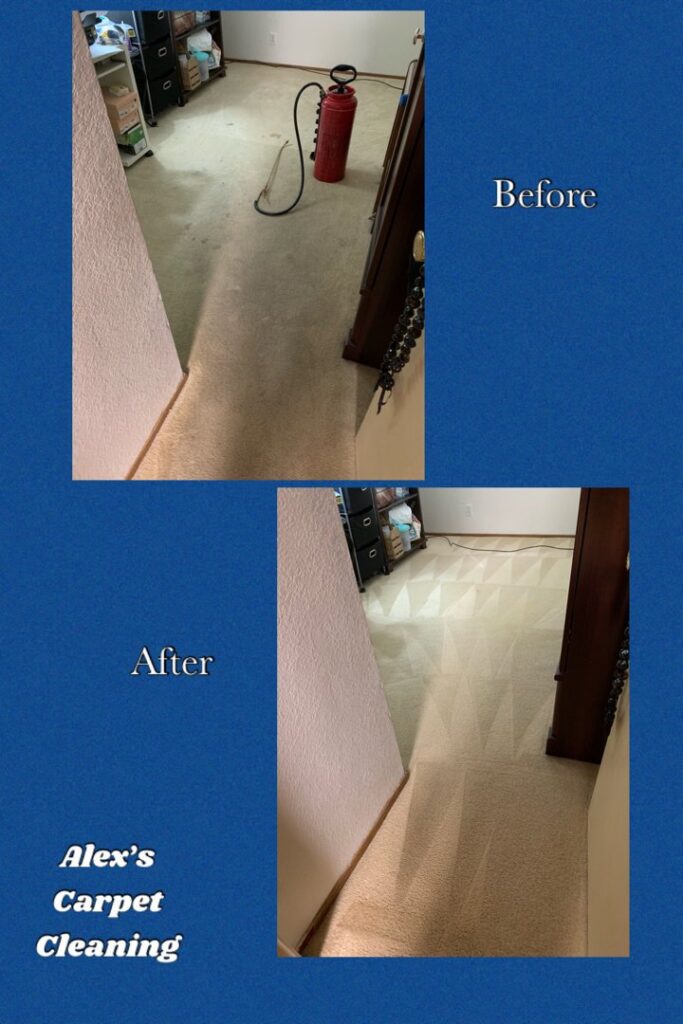 Before and after comparison of a carpeted hallway cleaned by Alex's Carpet Cleaning in Omaha, NE.