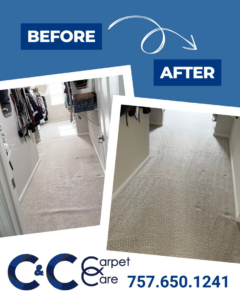 Before and after view of a hallway carpet after professional cleaning by C & C Carpet Care in Atlantic Beach, FL.