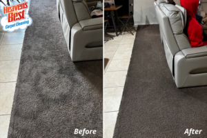 Before and after comparison of a professionally cleaned carpeted hallway by Heaven's Best Carpet Cleaning in Concord, NC.