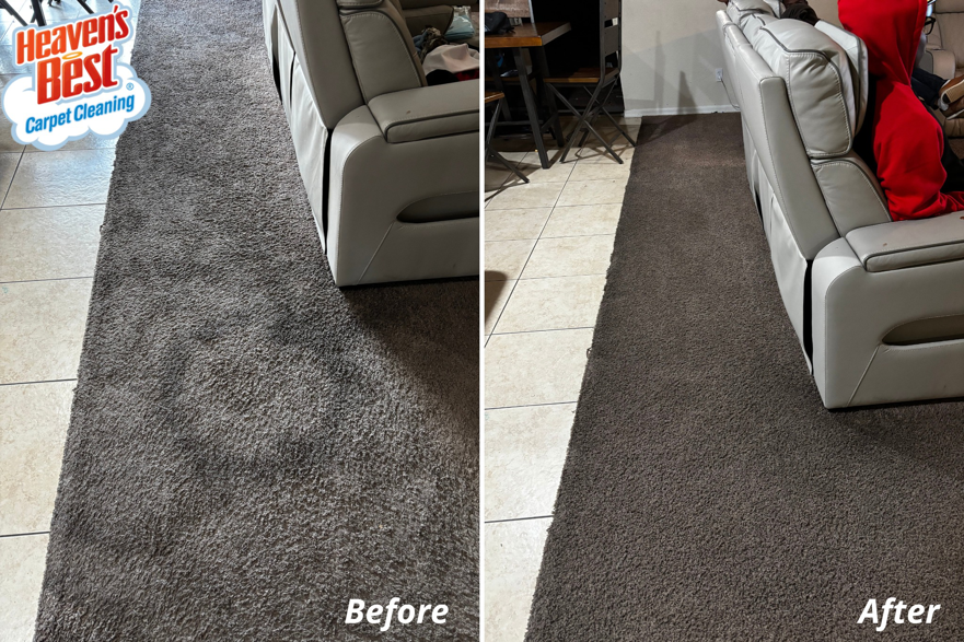 Before and after comparison of a professionally cleaned carpeted hallway by Heaven's Best Carpet Cleaning in Concord, NC.