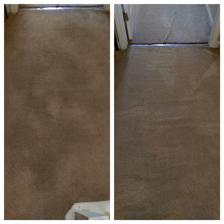 Before and after comparison of a carpeted hallway cleaning by Sunrise Cleaning Services in Saint Petersburg, FL.