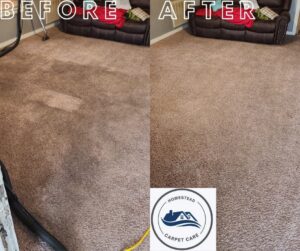 Before and after comparison of a carpet cleaning job by Homestead Carpet Care in Rapid City, SD, showing significant improvement.