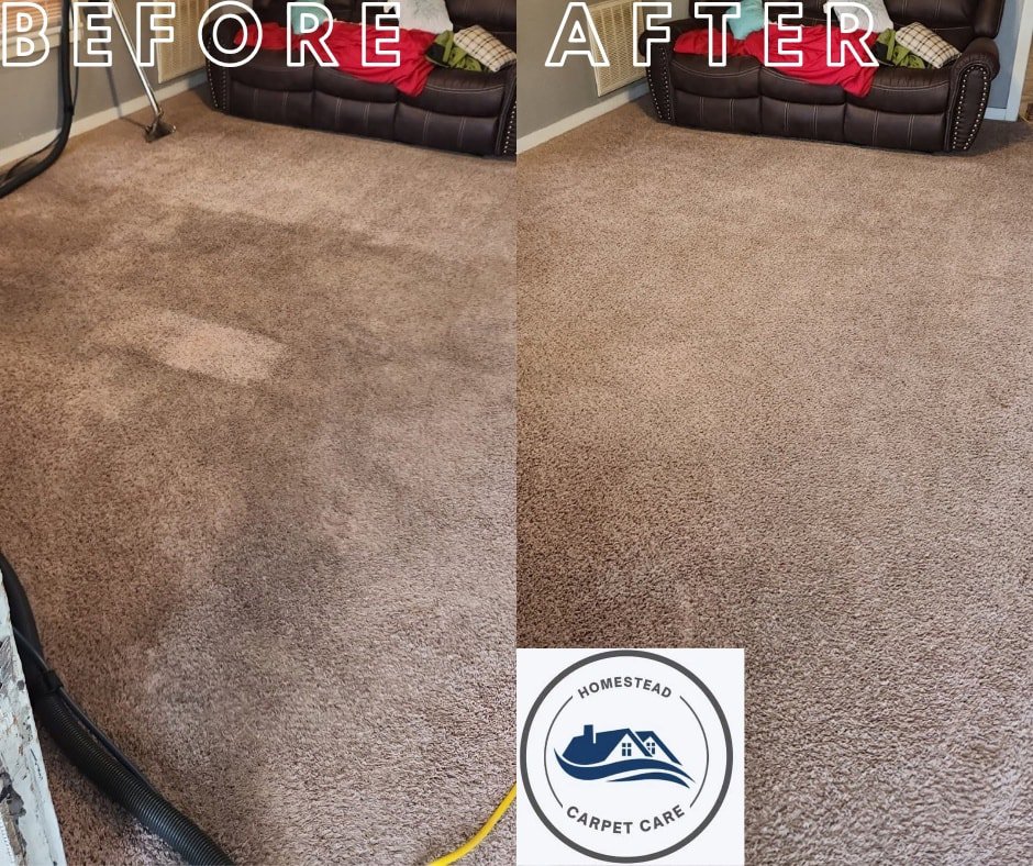 Before and after comparison of a carpet cleaning job by Homestead Carpet Care in Rapid City, SD, showing significant improvement.