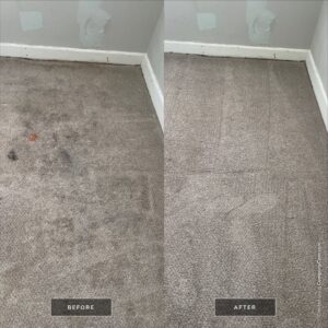 Before and after photo of a stained carpet cleaned by Inlet Carpet Care in Virginia Beach, VA