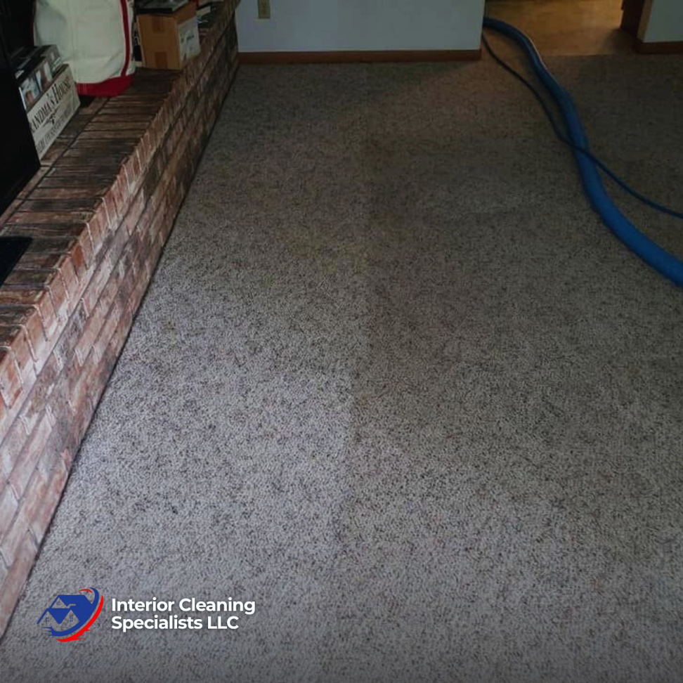A before and after comparison of a carpet cleaning job by Interior Cleaning Specialists, LLC in Abbotsford, WI.