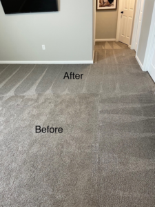 A before and after comparison of a carpet cleaning job by Level 8 Steam Cleaning & Restoration in West Fargo, ND.