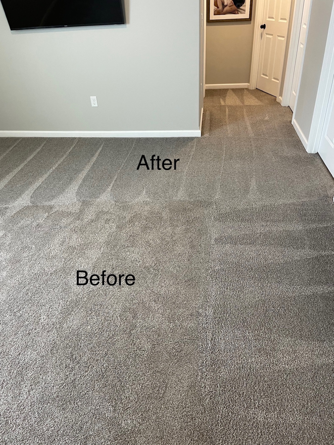 A before and after comparison of a carpet cleaning job by Level 8 Steam Cleaning & Restoration in West Fargo, ND.
