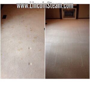 Before and after comparison of a carpet cleaning job by Lincoln Steam Carpet Cleaning in Lincoln, NE, showing a dirty carpet transformed to clean.