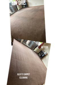 Before and after comparison of a living room carpet cleaned by Alex's Carpet Cleaning in Omaha, NE.