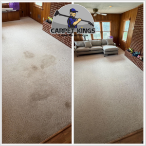 Before and after comparison of a living room carpet cleaning by Carpet Kings Cleaning & Restoration in Olathe, KS.