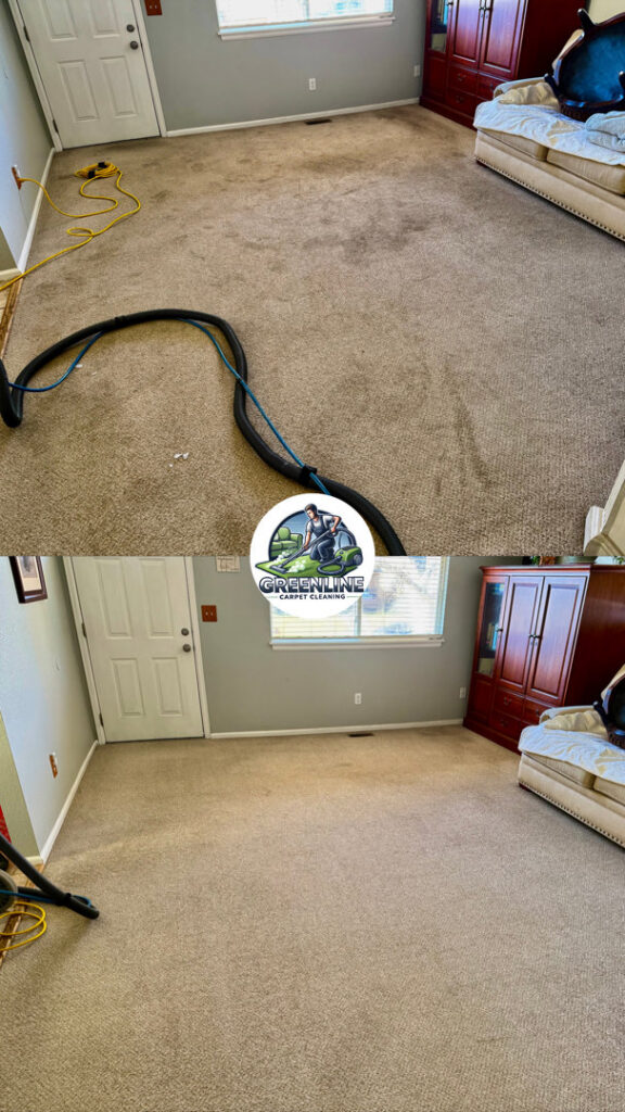 Before and after comparison of a living room carpet cleaned by GreenLine Carpet Cleaning in Aurora, CO.