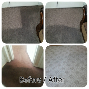 A before and after collage showing professional carpet cleaning results by Magic Wand Services in Wichita, KS